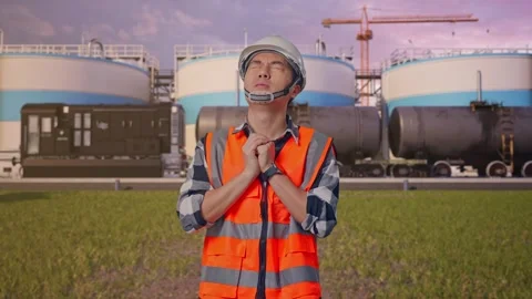 Engineer Pray For Something at Oil Refinery Stock Footage 340140137