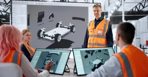 Engineer Presenting Innovative Electric Car Designs To Diverse Team During Me Stock Photos