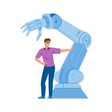 Engineer presenting modern robotic arm, industrial automation 스톡 일러스트