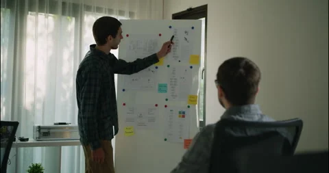 Engineer Presenting Robotics System Flowchart to Team. Stock Footage 306738175