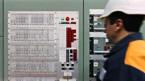 Engineer Presses Button Fire Panel Closeup Video stock 10790449
