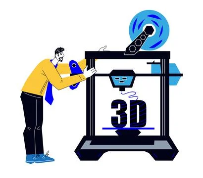 Engineer printing a three-dimensional object using 3d printer, flat vector il Stock Illustration