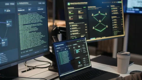 Engineer Programming on Computers in Cybersecurity Office 스톡 동영상 334931251