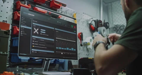 Engineer Programming FPV Drone Parameters on Computer Software Stock Footage 322112378