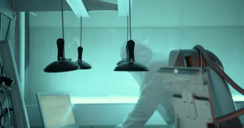 Engineer in protecting suit working in laboratory on computer Stock Footage 232789373