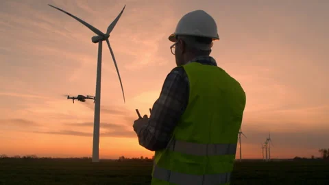 Engineer with a protective helmet checks the operation of turbines using a drone Stock Footage 256944593