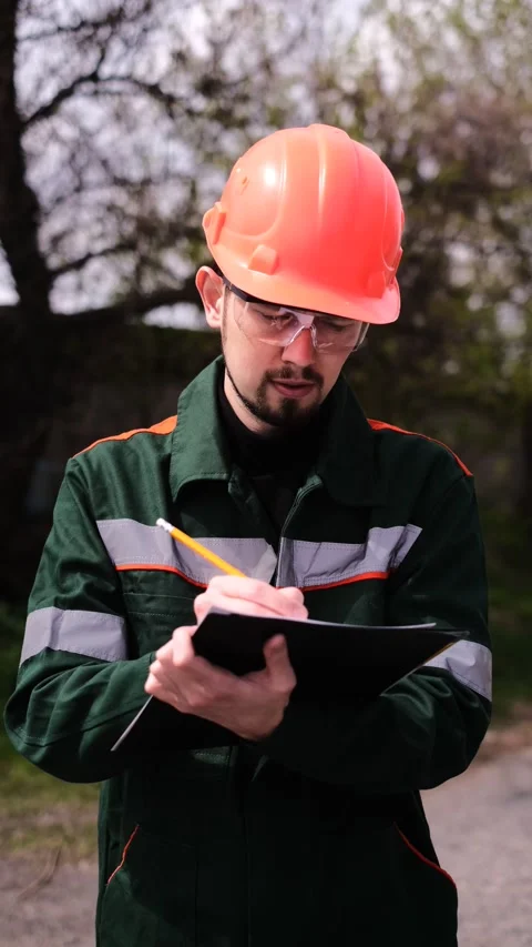 Engineer in a protective helmet makes entries in a journal	 Stock Footage 221044941