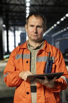 Engineer in protective uniform observes logistics via tablet on factory floor Stock Photos