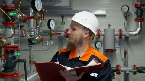 An engineer at a pumping station records pressure and temperature readings. Work Stock Footage 171916210
