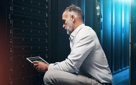 Engineer, rack and tablet screen in server room for cybersecurity, diagnost.. Stock Photos