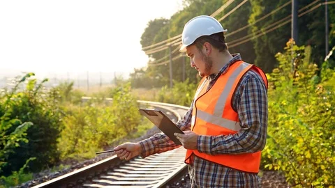 An engineer on a railway explores and records the state of the tracks Stock Footage 96014560