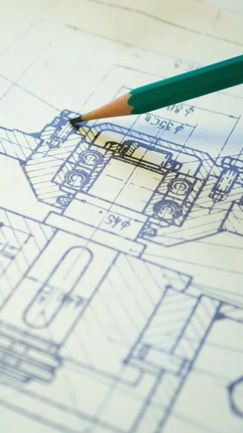 An engineer reads an old drawing of a moving piece of industrial equipment. Stock Footage 267647317