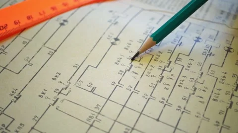 An engineer reads an old electrical drawing for an industrial building. Macro. Stock Footage 253415023