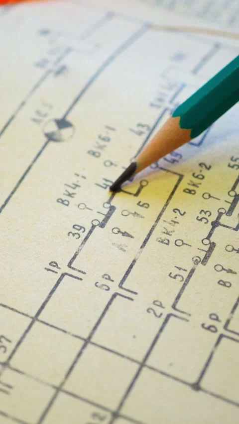 An engineer reads an old engineering drawing of the power supply system. Stock Footage 267646644