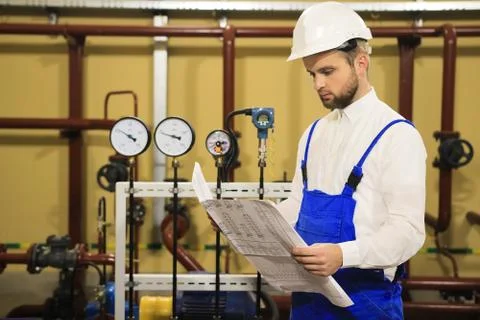 Engineer reads tech drawing on industrial plant Stock Photos