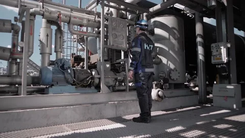 Engineer reconciles sensors on complex equipment at an oil refinery Stock Footage 212389665