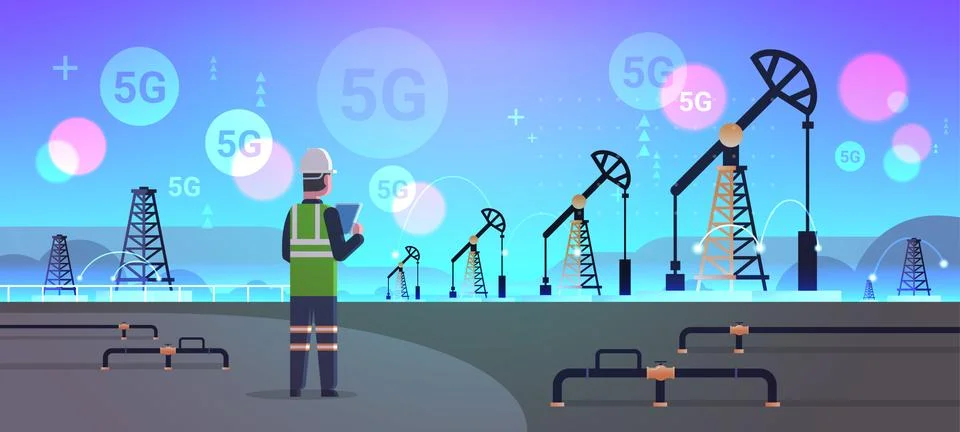 Engineer refinery worker using tablet 5G online wireless system connection oi Stock Illustration