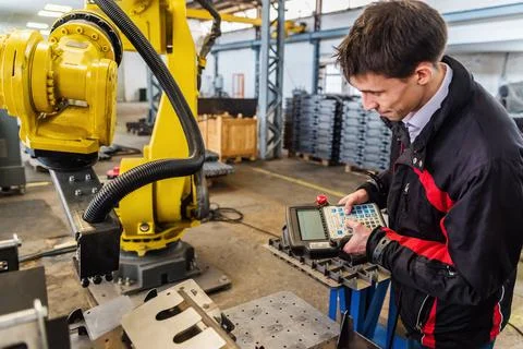 Engineer with remote control in his hands, is engaged in debugging a robotic arm Stock Photos