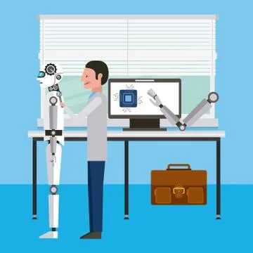 Engineer repair artificial intelligence robot workshop Stockillustratie