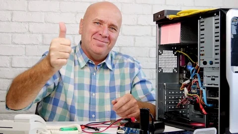 Engineer Repairing Computer Make Hand Gestures Thumbs Up Smiling  Video stock 81025381