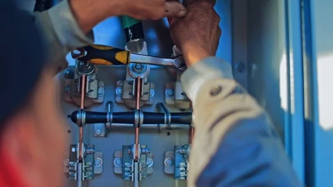 Engineer repairing electricity box Video stock 126956419