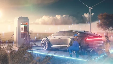Engineer repairs the car on charge station. Stock Footage 245328454