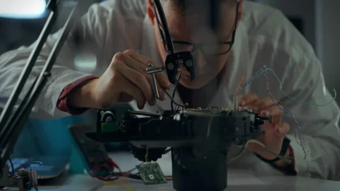 Engineer repairs circuit board in laboratory workspace during evening hours Stock Footage 323765677
