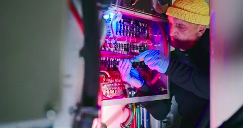 Engineer Repairs Electrical Systems in Engine Room 스톡 동영상 323752667