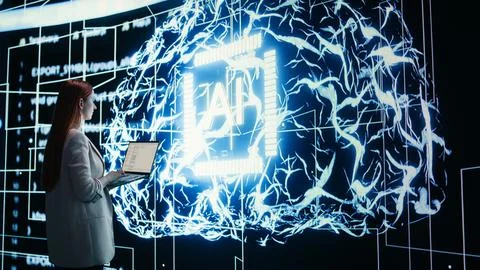 Engineer reports to AI brain automated manager displayed on digital dashboard Stock Photos