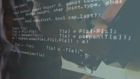 Engineer responding to scrolling C++ code overlay in tech lab while clamping Stock Footage 310668199
