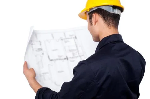 Engineer reviewing blueprint Stock Photos