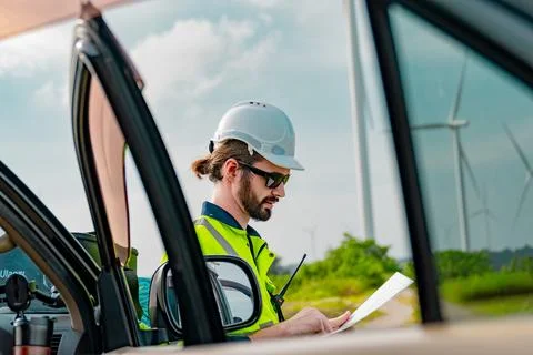 Engineer reviewing documents near wind turbines at a renewable energy site .. Foto stock