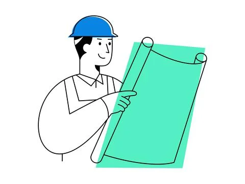 An engineer reviewing plans while wearing safety helmet, demonstrating focu.. Stock Illustration