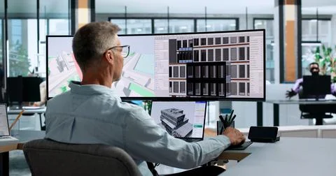 Engineer Reviews 3D City Model On Laptop For Sustainable Construction Plannin Stock Photos