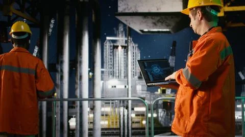 Engineer reviews artificial intelligence systems for oil platform operations Stock Photos