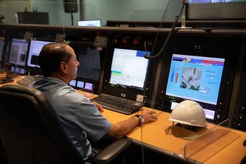 An engineer reviews test data inside a control room at the Launch Equipmen... 스톡 사진