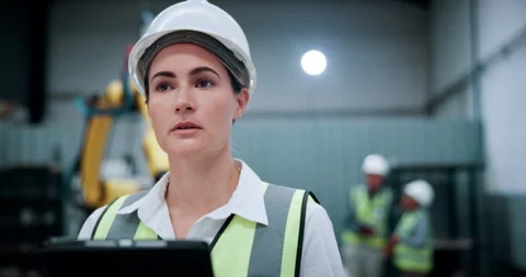 Engineer, robotics and woman on tablet thinking for assembly line, software Stock Footage 331565315