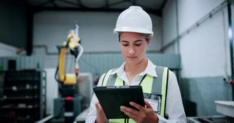 Engineer, robotics and woman on tablet in facility for assembly line, software Stock Footage 331565336