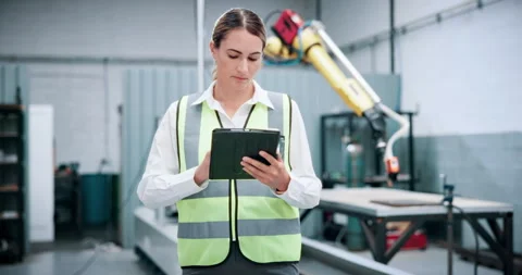 Engineer, robotics and woman on tablet in factory for assembly line, software Stock Footage 331569356