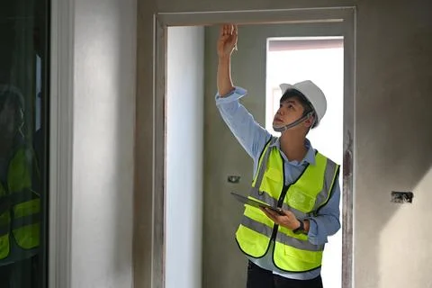 Engineer in safety helmet using digital tablet, checking building construction Stock Photos