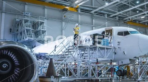Engineer in Safety Vest Standing next to Airplane in Hangar Stock Photos