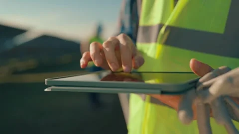 Engineer in safety vest using digital tablet at solar farm for energy monit.. 스톡 동영상 337542987