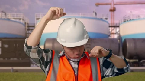 Engineer Screaming Goal And Dancing Celebrating at Oil Refinery Stock Footage 340141426