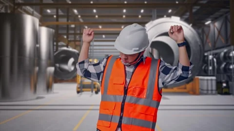 Engineer Screaming Goal And Dancing Celebrating at Heavy Factory 库存影片 340817083