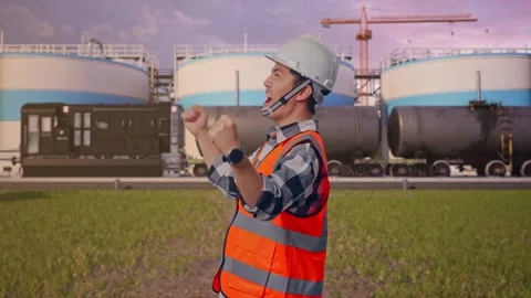 Engineer Screaming Goal Celebrating Working at Oil Refinery Stock Footage 340140403