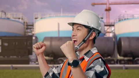 Engineer Screaming Goal Celebrating Working at Oil Refinery Stock Footage 340141309