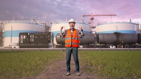 Engineer Screaming Goal Celebrating Working at Oil Refinery Stock Footage 340142044