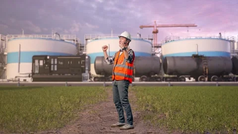 Engineer Screaming Goal Celebrating Working at Oil Refinery Stock Footage 340142623