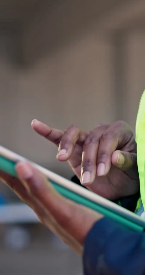 Engineer, scroll and hands with tablet, construction and planning for renovation Stock Footage 345302316
