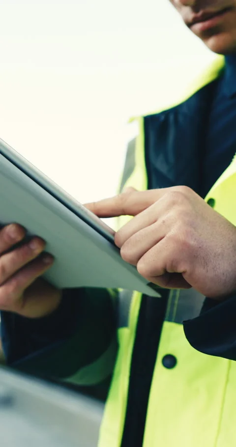 Engineer, scroll and hands with tablet, outdoor and planning for property Stock Footage 345553159
